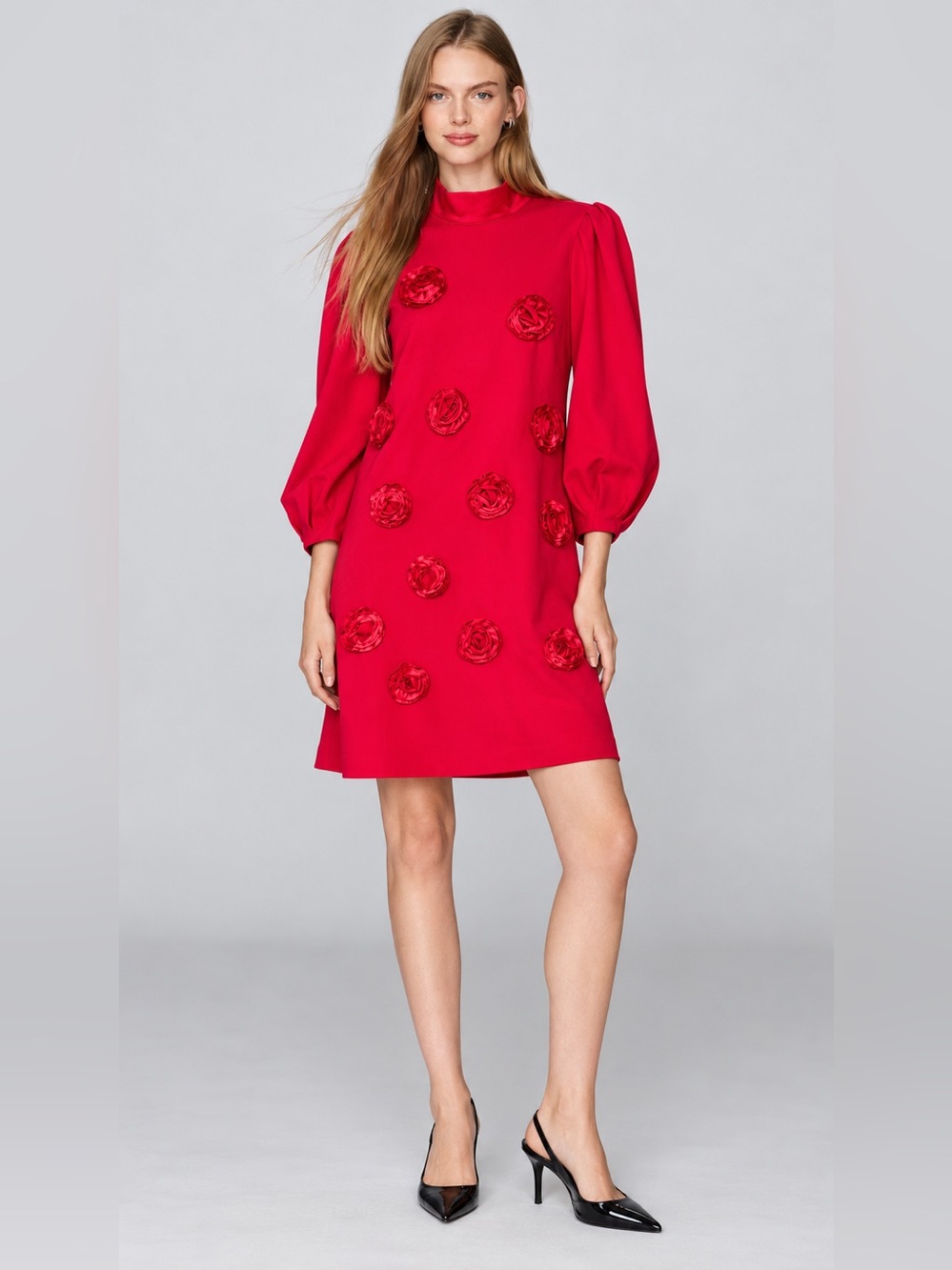 NWT Tyler Boe Cleo Red Rosette A-Line Ponte Dress 3/4 Sleeve Sz S